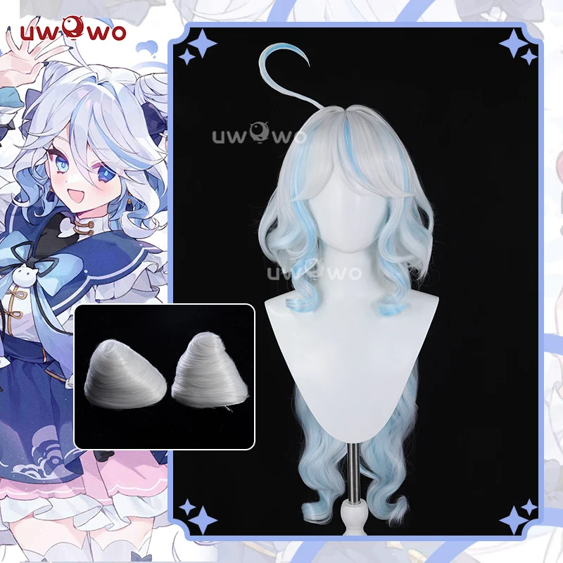 Uwowo Genshin Impact Fanart Furina Chinese Style Lolita Dress Cosplay Wig Long Gradient Blue Hair