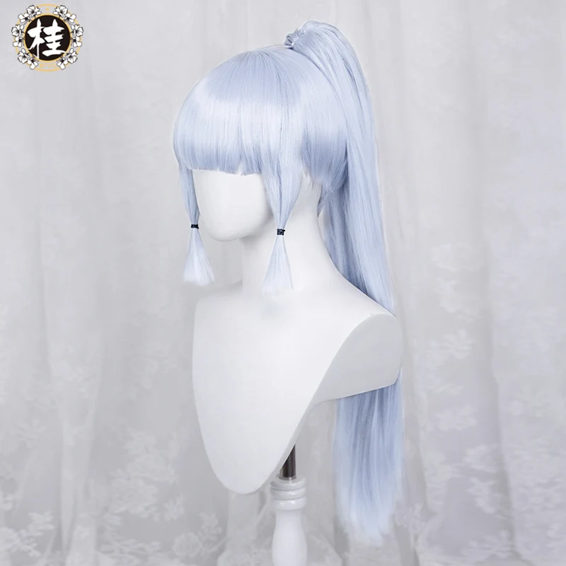 Uwowo Game Genshin Impact Kamisato Ayaka Cosplay Wig 65cm White blue Ponytail Hair - Image 2