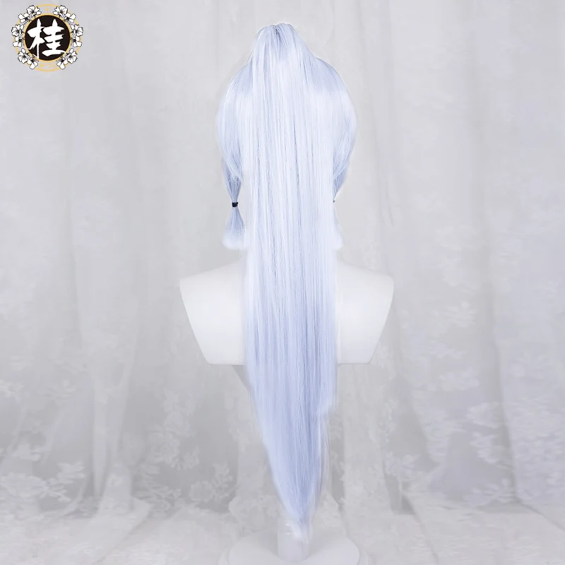 Uwowo Game Genshin Impact Kamisato Ayaka Cosplay Wig 65cm White blue Ponytail Hair - Image 3