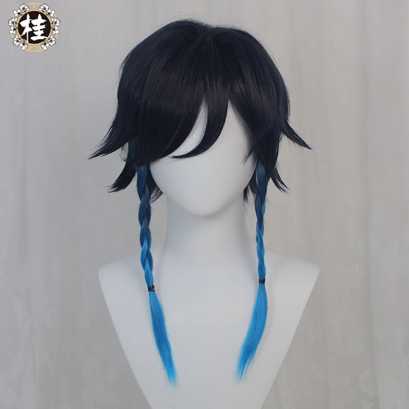 Uwowo Game Genshin Impact Venti Windborne Bard Cosplay Wig Tone-Deaf Bard 50cm Dark blue light blue Gradient Short Hair - Image 3