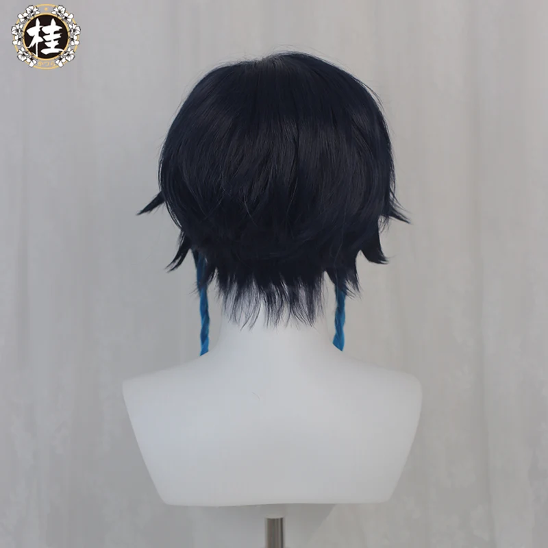 Uwowo Game Genshin Impact Venti Windborne Bard Cosplay Wig Tone-Deaf Bard 50cm Dark blue light blue Gradient Short Hair - Image 4